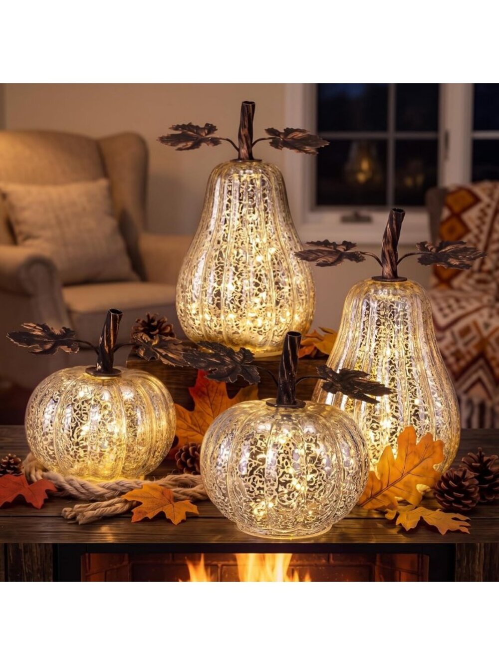 Set of 4 Lighted Glass Pumpkin Decor for Fall Thanksgiving - Silver Accents